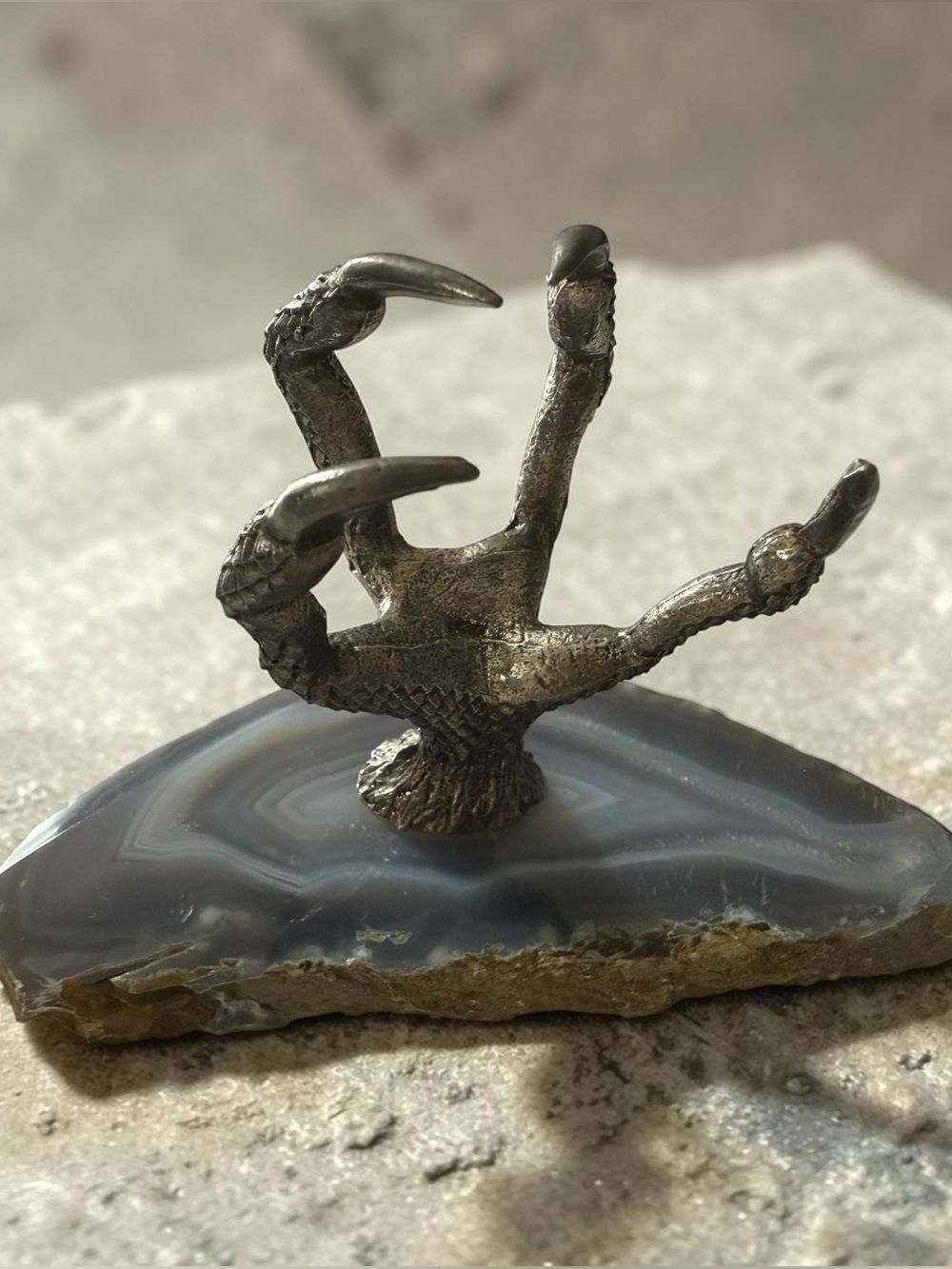 Brazilian Agate Stone Metal Bird Claw Display Stand Natural Gray Agate Decor